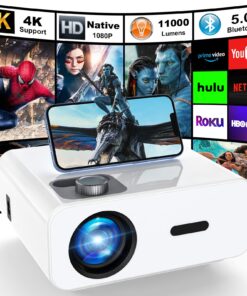HONPOW Native 1080P Full HD Bluetooth Projector, 11000 Lumens Mini Portable Outdoor Indoor Movie Projector, Compatible with Laptop, Smartphone, TV Stick, Xbox, PS5