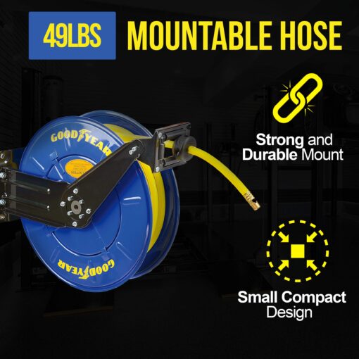 GOODYEAR Air Hose Reel Retractable 3/8" Inch x 50' Feet Long Premium Commercial SBR Hose Max 300 Psi Reinforced Steel Construction Heavy Duty Spring Driven Industrial Dual Arm & Pedestal - Image 5