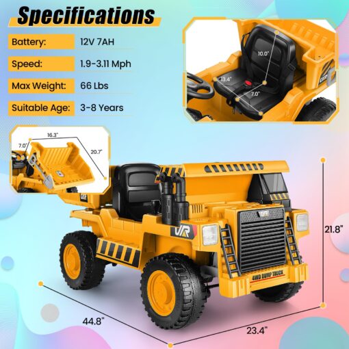 Hikole Ride on Dump Truck for Kids, Electric Cars with Remote Control, Dump Bed, Shovel, Bluetooth, Music Player, Ride on Construction Vehicles for Kids 4-8, Yellow - Image 3