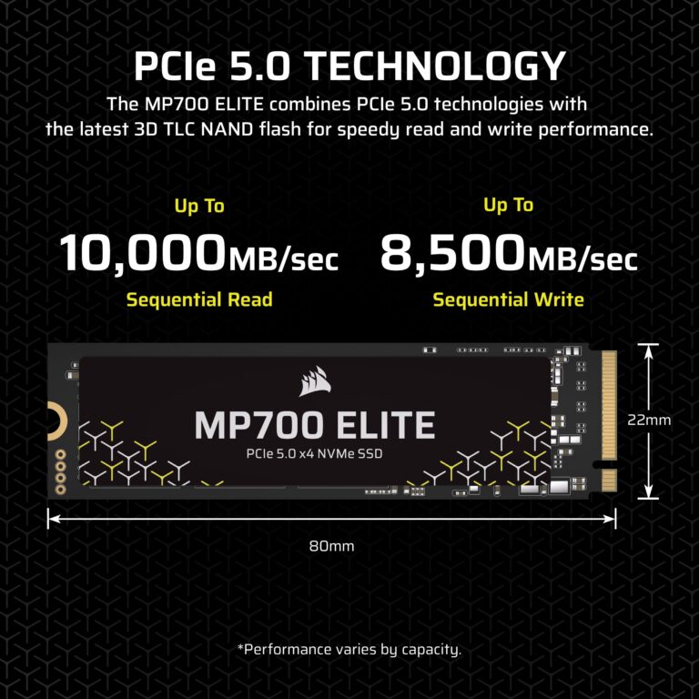 Corsair MP700 Elite 2TB PCIe 5.0 x4 NVMe M.2 SSD – Up to 10,000MB/sec – High-Density 3D TLC NAND – M.2 2280 - DirectStorage Compatible – Black - Image 7