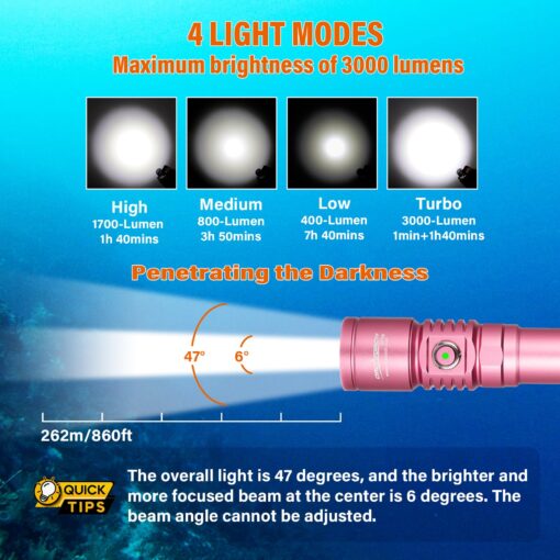 ORCATORCH D710 Scuba Diving Light, 3000 Lumens Super Bright Underwater Flashlight with 6 Degrees Narrow Beam, IP68 Waterproof Night Dive Torch 150 Meters Submersible Light (Pink) - Image 6