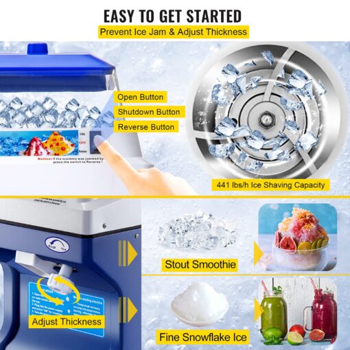 VEVOR 110V Commercial Ice Shaver Crusher 441LBS/H with 11LBS Hopper, 300W Tabletop Electric Snow Cone Maker 320 RPM Rotate Speed Perfect For Parties Events Snack Bar - Image 5