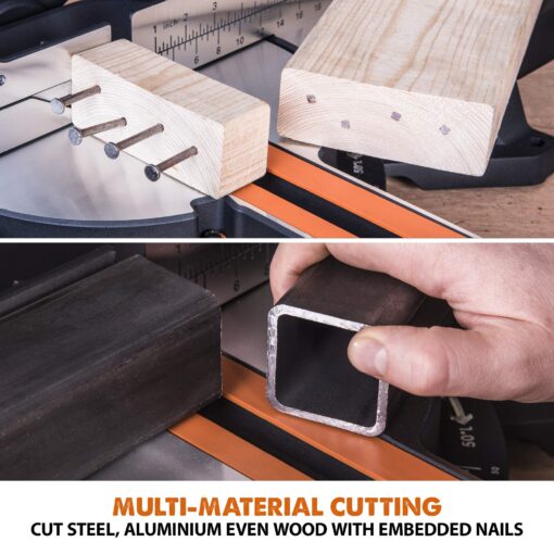 Evolution Power Tools R255SMS+ PLUS 10-Inch Sliding Miter Saw Plus Multi-Material Multi-Purpose Cutting Cuts Metal, Plastic, Wood & More 0˚ - 45˚ Bevel & 50˚ - 50˚ Miter Angles TCT Blade Included - Image 4
