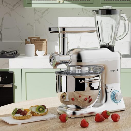 Vospeed 9 IN 1 Stand Mixer, 850W Tilt-Head Multifunctional Electric Mixer with 8 QT Stainless Steel Bowl, 1.5L Glass Jar, Meat Grinder, Hook, Whisk, Beater Dishwasher Safe (Silver) - Image 2