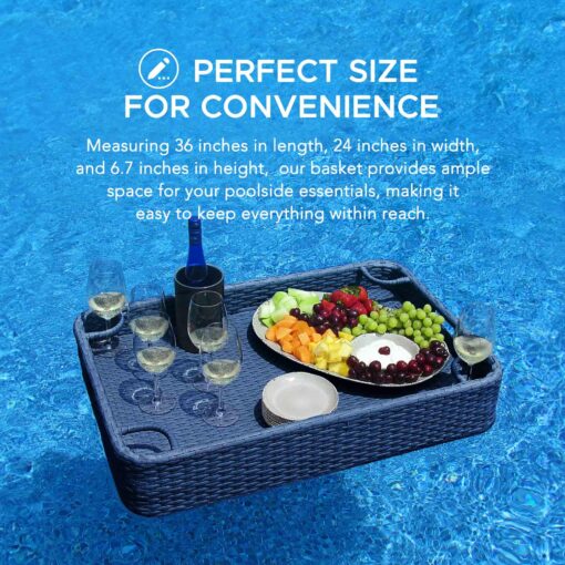 Sunjoy Wicker Floating Tray 36x24 in. Aluminum Frame Pool Tray - Swimming Floating Serving Tray for Drinks, Snacks, and Essentials - Fits Most Pool Sizes - Perfect for Pool Parties and Relaxing, Navy - Image 4