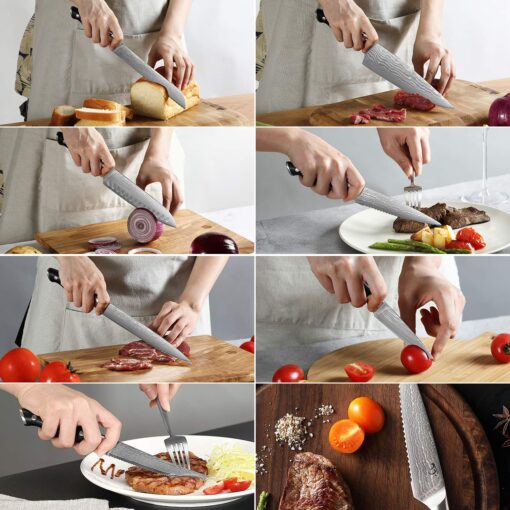 Damascus Kitchen Knife Set, 15-Piece Kitchen Knife Set with Block, ABS Ergonomic Handle for Chef Knife Set and Serrated Steak Knives Knife Sharpener and Kitchen Shears, Beechwood Block - Image 3