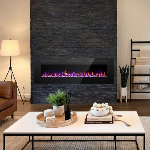 Cloud Mountain 60" Electric Fireplace，Wall-Mounted Heater with Timer Remote, Adjustable Flame for Living Room Bedroom，Black