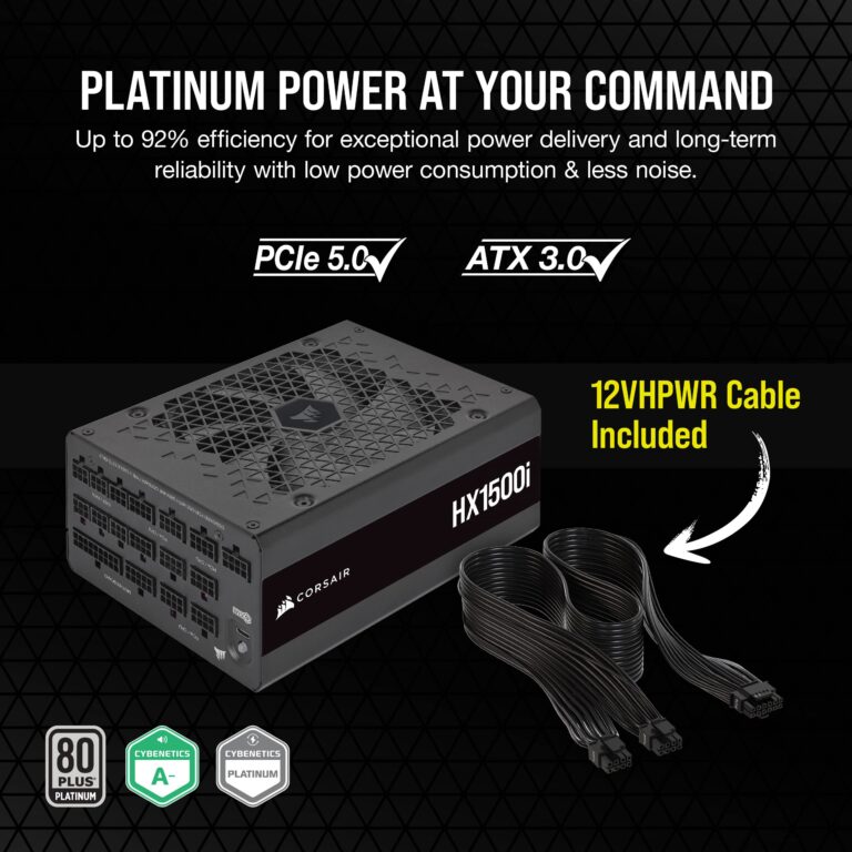 Corsair HX1500i Fully Modular Ultra-Low Noise ATX Power Supply - ATX 3.0 & PCIe 5.0 Compliant - Fluid Dynamic Bearing Fan - CORSAIR iCUE Software Compatible - 80 Plus Platinum Efficiency - Black - Image 6
