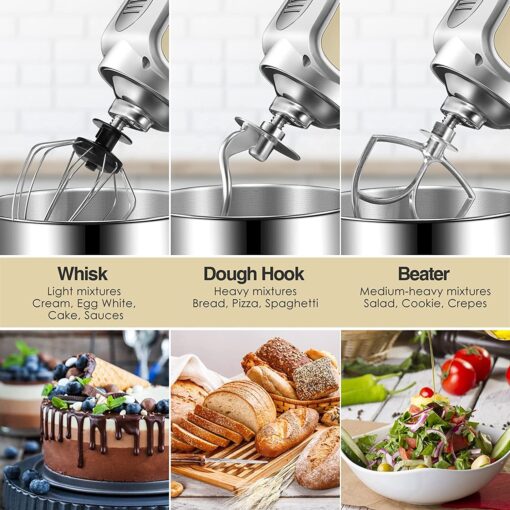 OSTBA Die-Cast Stand Mixer, 8 Speeds, 600W, 5.5Qt Tilt-Head, Stainless Steel Bowl, Dishwasher Safe, Dough Hook, Egg Whisk, Mixer Beater, Splash Guard, Almond Cream - Image 6