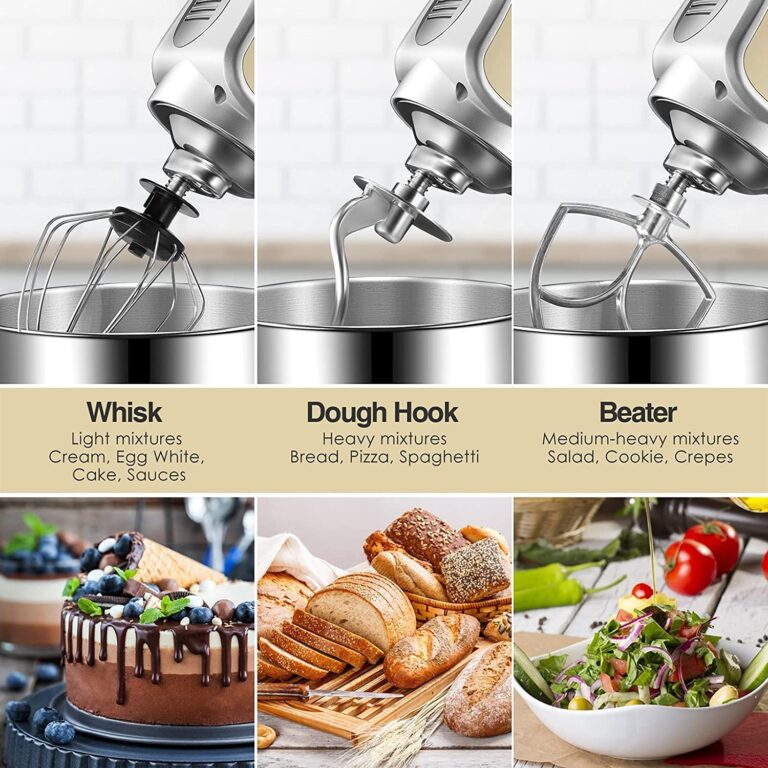OSTBA Die-Cast Stand Mixer, 8 Speeds, 600W, 5.5Qt Tilt-Head, Stainless Steel Bowl, Dishwasher Safe, Dough Hook, Egg Whisk, Mixer Beater, Splash Guard, Almond Cream - Image 6