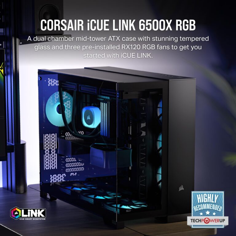 CORSAIR iCUE LINK 6500X RGB Mid-Tower ATX Dual Chamber PC Case – Panoramic Tempered Glass - Reverse Connection Motherboard Compatible – 3x CORSAIR RX120 RGB Fans Included – Black - Image 9
