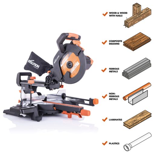Evolution Power Tools R255SMS+ PLUS 10-Inch Sliding Miter Saw Plus Multi-Material Multi-Purpose Cutting Cuts Metal, Plastic, Wood & More 0˚ - 45˚ Bevel & 50˚ - 50˚ Miter Angles TCT Blade Included - Image 7