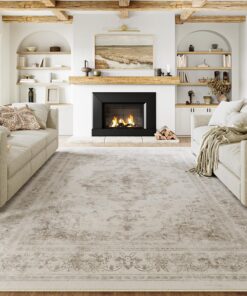PureCozy Vintage Area Rug 9x12 Indoor Living Room Light Gray Washable Medallion Large Carpet Traditional Retro Accent Throw Rug Low Pile Non Slip Distressed for Kitchen Office Dining Room Bedroom