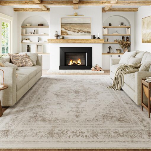 PureCozy Vintage Area Rug 9x12 Indoor Living Room Light Gray Washable Medallion Large Carpet Traditional Retro Accent Throw Rug Low Pile Non Slip Distressed for Kitchen Office Dining Room Bedroom