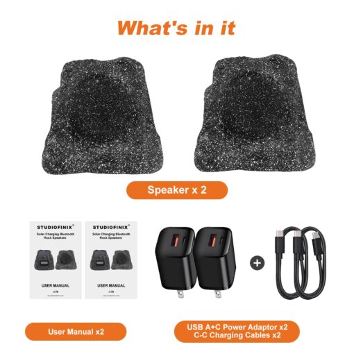 STUDIOFINIX 6.5" Rock Speakers Outdoor Waterproof - 5.3 Bluetooth Wireless Speaker Solar Powered Max Peak 200W for Garden,Patio,Deck,Pool,Backyard (Gray 1 Pair) - Image 2