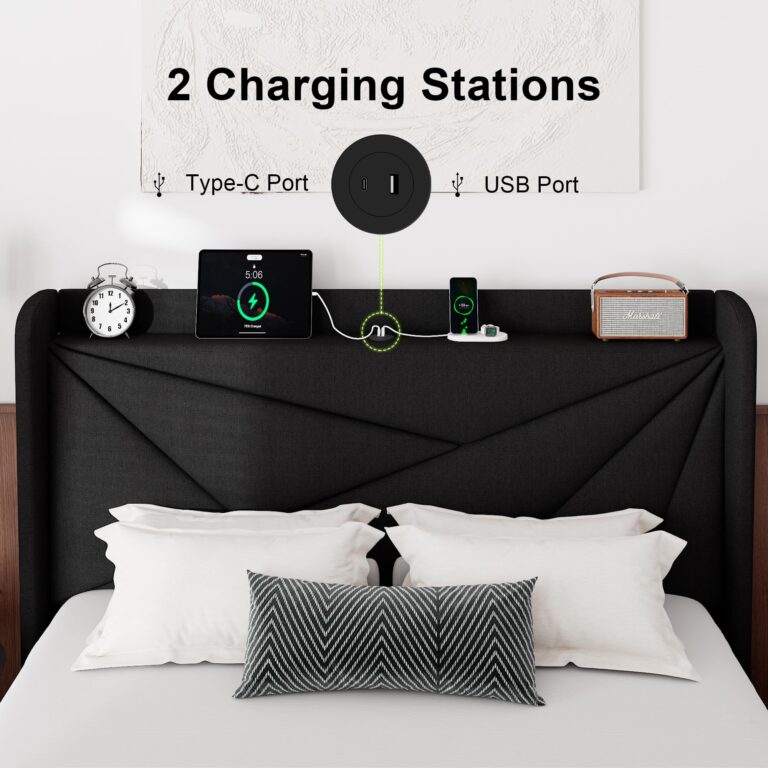 Feonase Full Size Bed Frame with Charging Station, Upholstered Platform Bed Frame with Wingback Storage Headboard, Solid Wood Slats Support, No Box Spring Needed, Black - Image 6