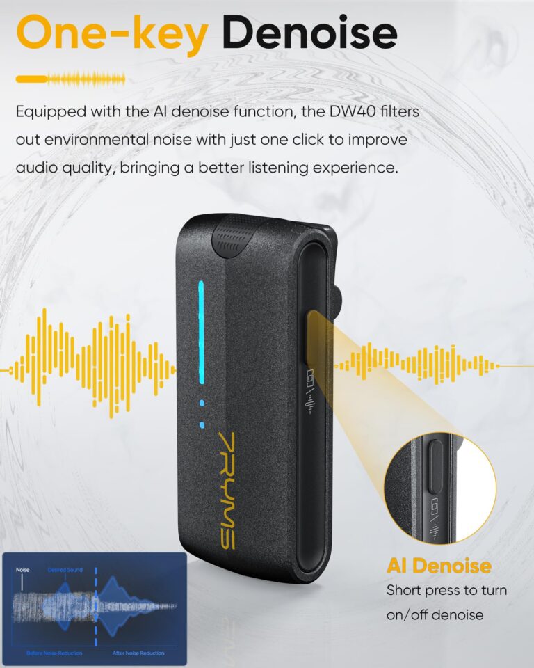 7RYMS iRay DW40 Four-channel Wireless Lavalier Microphone, Charging Case, Noise Cancellation, 656ft Range, 12.5H Working, Lav Mic for Camera, iPhone, Android Phone, Vlogging, Streaming, Interview, etc - Image 4