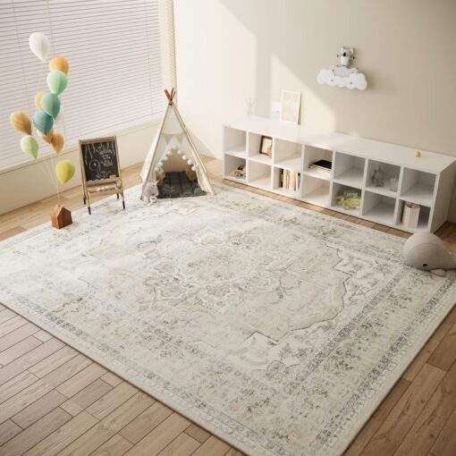 Washable Area Rugs for Living Room: 6'x9' Bedroom Area Rug Boho Stain Resistant Distressed Vintage Accent Rug Non Slip Low Pile Faux Wool Soft Rug for Kitchen Entryway Bedside Nursery Dining Room - Image 3