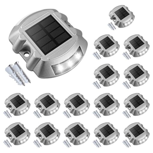 VOLISUN Solar Deck Lights Driveway Dock Lights, 16-Pack Led IP67 Waterproof Outdoor Warning Step Lights for Driveway Sidewalk Garden Pathway Yard(White)