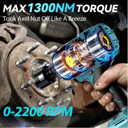 Uaoaii 1300Nm(960ft-lbs) Cordless Impact Wrench Torque Beast, 1/2 Battery Impact Gun w/ 2X 5.0Ah Battery, 5 Sockets & Storage Box, Electric Impact Wrench for Truck RV, Maintenance Duty, IW810 - Image 3