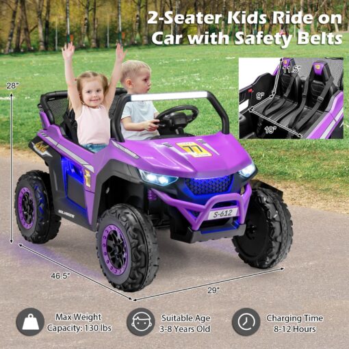 OLAKIDS 2 Seater Ride on Car for Kids, 12V UTV Kids' Electric Vehicles with Remote Control, Spring Suspension, Soft Start, Music Bluetooth FM, Battery Powered for Ages 3-8 (Purple) - Image 5