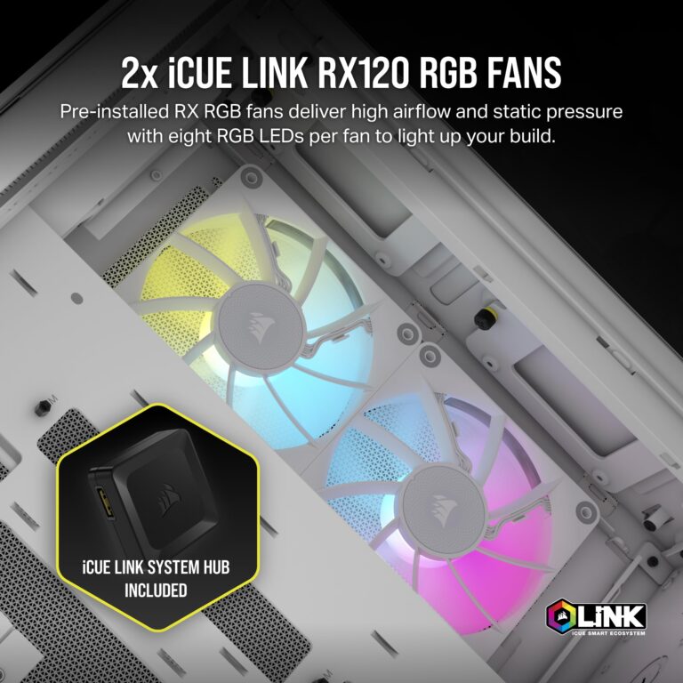 CORSAIR iCUE LINK 2500X RGB Small-Tower mATX Dual Chamber PC Case – Panoramic Tempered Glass – Reverse Connection Motherboard Compatible – 2x CORSAIR RX120 RGB Fans Included – White - Image 7