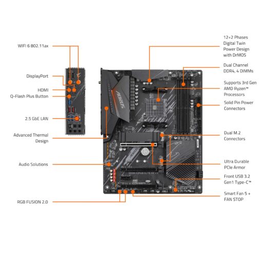 GIGABYTE B550 AORUS Elite AX V3 Motherboard, Supports AMD AM4 Ryzen 5000 Processors, ATX, DDR4, Dual M.2, SATA 6Gb/s, 2.4/5 GHz Dual-Band, 2.5 GbE LAN, PCIe 4.0 - Image 2