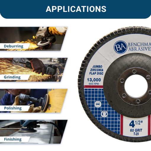 Benchmark Abrasives 4.5" x 7/8" Premium High Density Jumbo Zirconia Type 29 Flap Discs 4 1/2 for Angle Grinder, Sanding Discs, Finishing - Grinding Wheels 4 1/2 Inch (100 Pack) - 60 Grit - Image 5