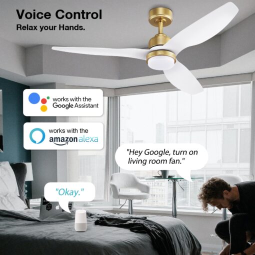 52 Inch Smart Ceiling Fans with Lights and Remote,Dimmable LED Light,Outdoor Indoor Gold White Ceiling Fan,Quiet DC Motor,High CFM 6 Speed,WIFI Alexa App Workable,for Bedroom Living Room Patio - Image 7