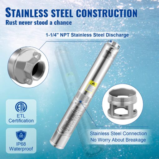 VEVOR Deep Well Submersible Pump, 2HP 230V/60Hz, 37GPM 427 ft Head, with 33 ft Cord & External Control Box, 4 inch Stainless Steel Water Pumps for Industrial, Irrigation and Home Use, IP68 Waterproof - Image 7
