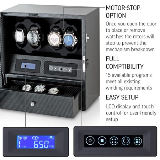 4 Watch Winder with 5 Watch Storage Space, LCD Display, Touch Control and Interior Light (Carbon + Black) - Image 4