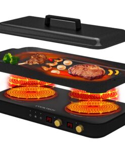 COOKTRON Portable Induction Cooktop 2 Burner with Removable Iron Cast Griddle Pan Non-stick, 1800W Double Induction Cooktop with Child Safety Lock & Time, Great for Family Party