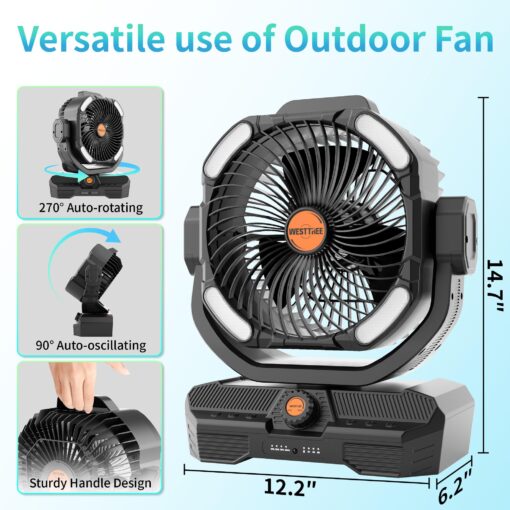 WESTTREE Battery Powered Fan Powerful Airflow Battery Operated Air Circulator Fan for Bedroom,Quiet & 360°Auto Oscillating Rechargeable Camping Fans with LED Light (RGBW) X66 Black - Image 6