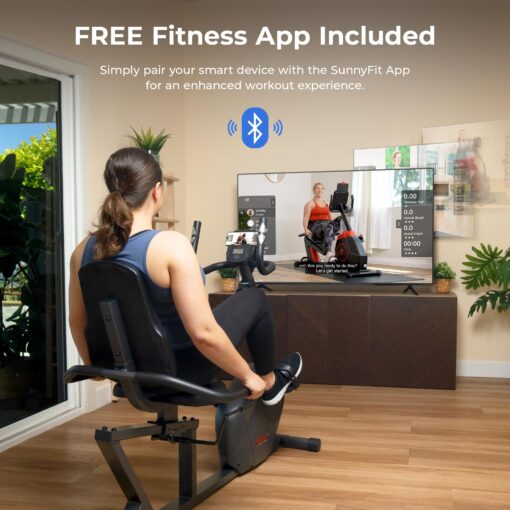 Sunny Health & Fitness Heavy-Duty Recumbent Smart Bike, Wide Cushioned Seat & Back, Cycling Workout Machine, Bicycle Exercise for Adult/Seniors at home, Exclusive Free SunnyFit App Bluetooth Link - Image 6