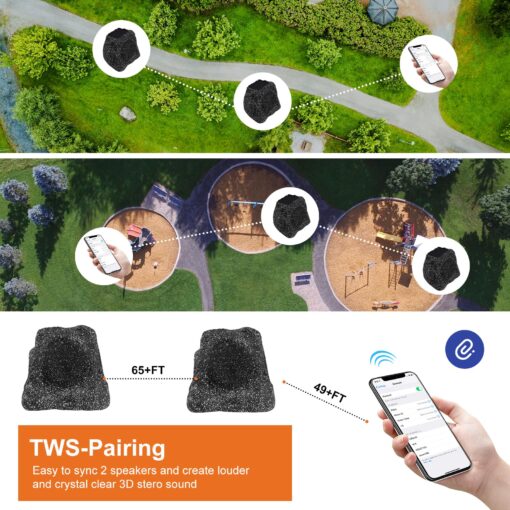 STUDIOFINIX 4" Rock Speakers Outdoor Waterproof - 5.3 Bluetooth Wireless Speaker Solar Powered Max Peak 160W for Garden,Patio,Deck,Pool,Backyard (Gray 1 Pair) - Image 3