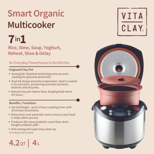 VitaClay Smart Organic Clay Pot Multi Cooker - Toxin Free Clay Rice Cooker, Delay Start Slow Cooker, Stew Cooker, Electric Soup Pot, Yogurt Maker, with Natural Earthen Clay Crock, 8 Cup / 4.2-Quart - Image 9