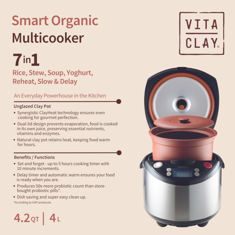 VitaClay Smart Organic Clay Pot Multi Cooker - Toxin Free Clay Rice Cooker, Delay Start Slow Cooker, Stew Cooker, Electric Soup Pot, Yogurt Maker, with Natural Earthen Clay Crock, 8 Cup / 4.2-Quart - Image 9