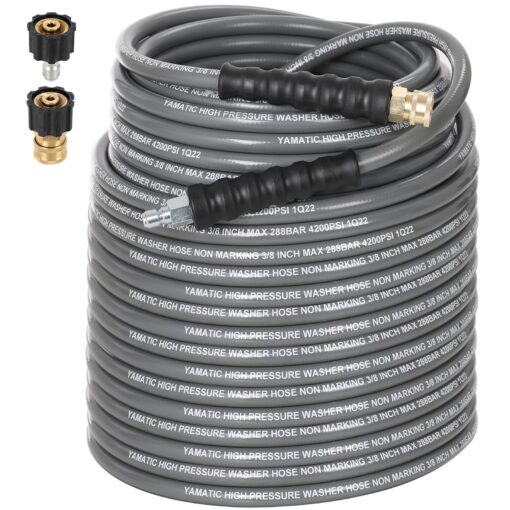 YAMATIC Non Marking 3/8" Pressure Washer Hose 150FT 4200 PSI, Kink Resistant Swivel 3/8" Quick Connect, Rubber Steel Braided Wear Resistant Industry Grade for Hot/Cold Water Gas Power Washer