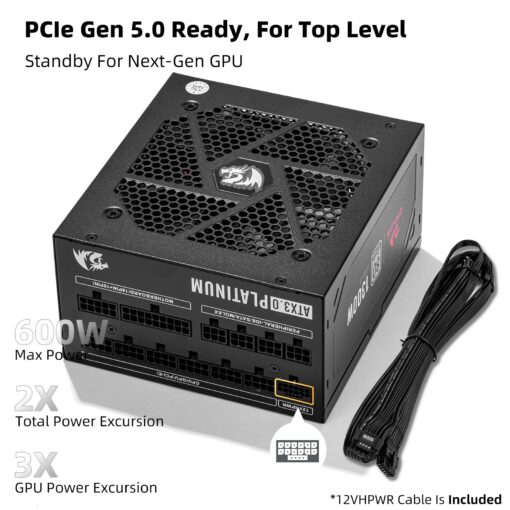 Redragon PSU018 80+ Platinum 1300 Watt ATX 3.0 Fully Modular Power Supply, 80 Plus Certified, 100% Japanese Capacitors & Low Noise Smart-ECO 0 RPM Fan, Full Mod Cables w/12VHPWR Cable, Black - Image 6