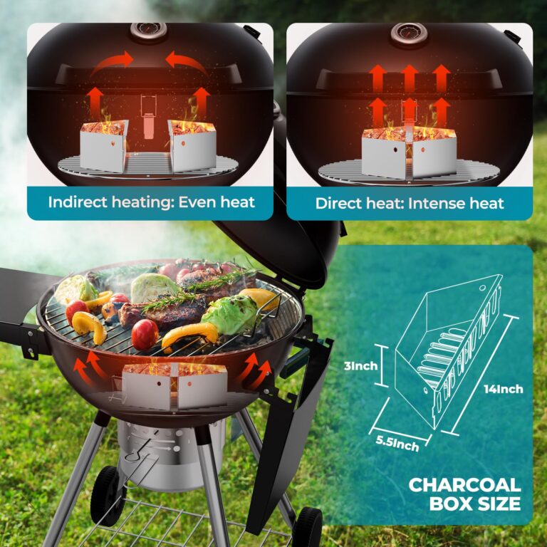 Harbweb 22 Inch Charcoal Grill with 2 Foldable Side Tables,Charcoal Kettle Grills with Wheels,Outdoor bbq Grill,Portable Charcoal Grill for Camping,Party,Backyard (Black) - Image 4