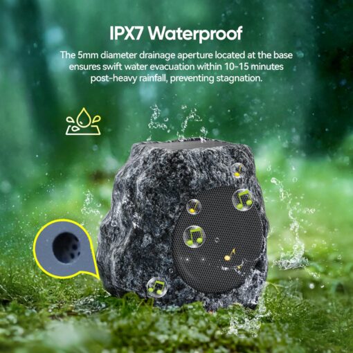 Outdoor Rock Speaker 60W Deep Bass Multi-Sync up to 100 Speakers Auto-Pairing, IPX7 Waterproof Solar-Powered Bluetooth Speaker Perfect for Pool, Garden, Patio, Ideal for Music Entertainers - 2 Pack - Image 5
