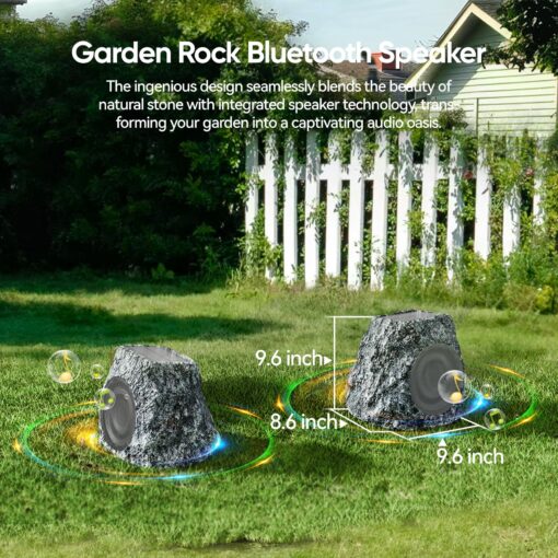 Outdoor Rock Speaker 60W Deep Bass Multi-Sync up to 100 Speakers Auto-Pairing, IPX7 Waterproof Solar-Powered Bluetooth Speaker Perfect for Pool, Garden, Patio, Ideal for Music Entertainers - 2 Pack - Image 6