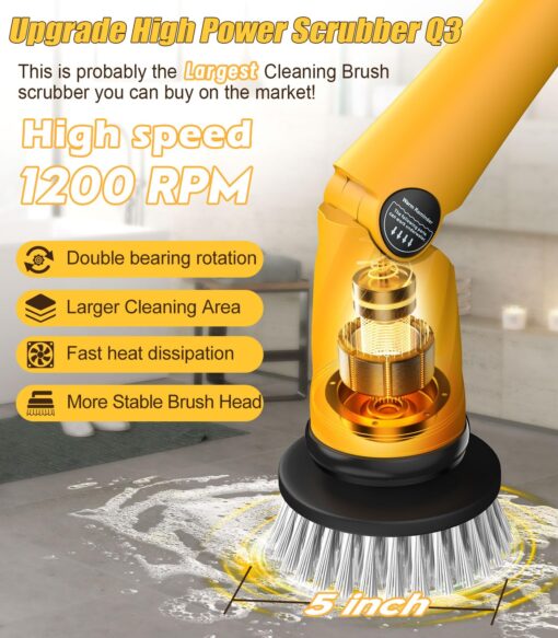 Qimedo Electric Spin Scrubber Extra Large Brush Q3,6000 mAh Best Battery Power Scrubber for Cleaning,1200RPM Shower Cordless Cleaning Brush with 8 Brushes for Bath/Tub/Tile/Floor (Smart Display) - Image 9