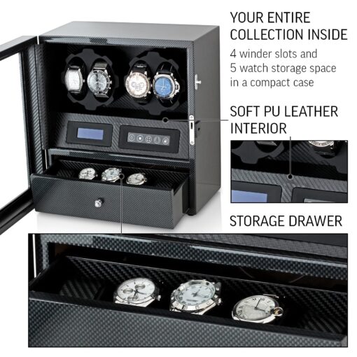 4 Watch Winder with 5 Watch Storage Space, LCD Display, Touch Control and Interior Light (Carbon + Black) - Image 3