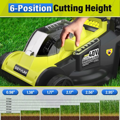 SEYVUM 40V 16-inch Cordless Lawn Mower with 45L Grass Collection Bag, 6 Position Height Adjustment Electric Lawn Mower, 2 x 20V 4.0Ah Battery Powered Push Lawnmower, 2.4A Fast Charger Included - Image 5