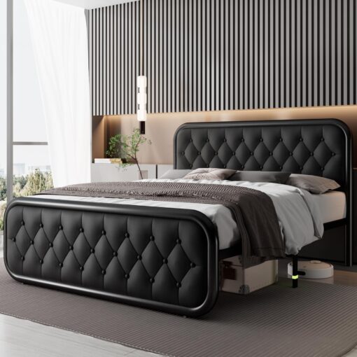 Feonase Full Size Bed Frame, Heavy Duty Bed Frame with Faux Leather Headboard, Upholstered Platform Bed with Strong Metal Slats, 12" Under-Bed Storage, Noise-Free, Easy Assembly, Black - Image 6