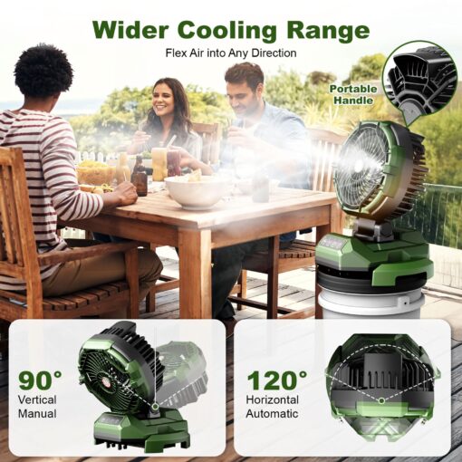 Veubew Portable Misting Fan,30000mAh Rechargeable Battery Powered,4 Strong Winds&4 Spray Mister,Floor Cooling Fan for Outdoor,Camping,Patios,Adjustable Base for 10-13in Bucket(No Bucket Included) - Image 4