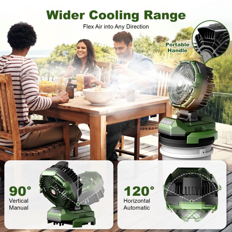Veubew Portable Misting Fan,30000mAh Rechargeable Battery Powered,4 Strong Winds&4 Spray Mister,Floor Cooling Fan for Outdoor,Camping,Patios,Adjustable Base for 10-13in Bucket(No Bucket Included) - Image 4
