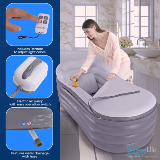 SereneLife Jacuzzi Spa Bathtub with Bubble Massage Mat - Inflatable Bath w/Built-In Heater, Includes Inflatable Pillow, Cup Holder, Remote Control for LED Lighting, Backrest & Armrests - Image 6