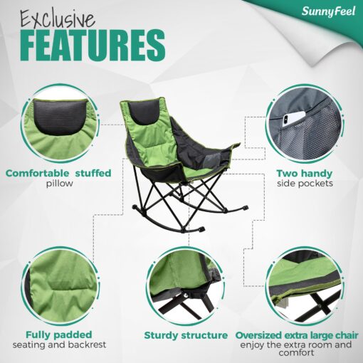 SUNNYFEEL Rocking Camping Chair 2 Pack, Luxury Padded Recliner, Oversized Folding Lawn Chair with Pocket, Heavy Duty for Outdoor/Picnic/Lounge/Patio, Portable Camp Rocker Chairs with Carry Bag - Image 3
